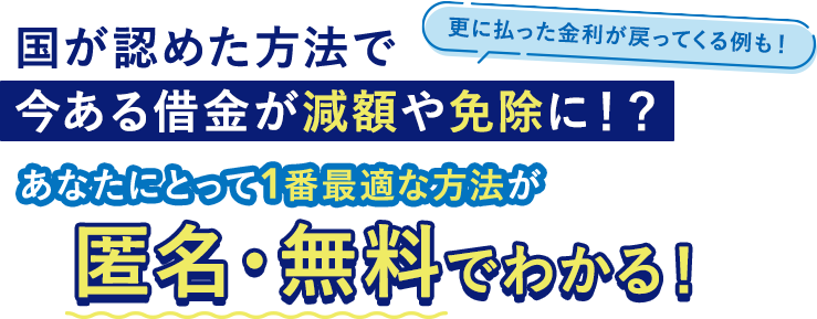 国が認めた方法で今ある借金が減額や免除に!?貴方にとって1番最適な方法が簡単60秒でわかる!更に払った金利が戻ってくる例も!